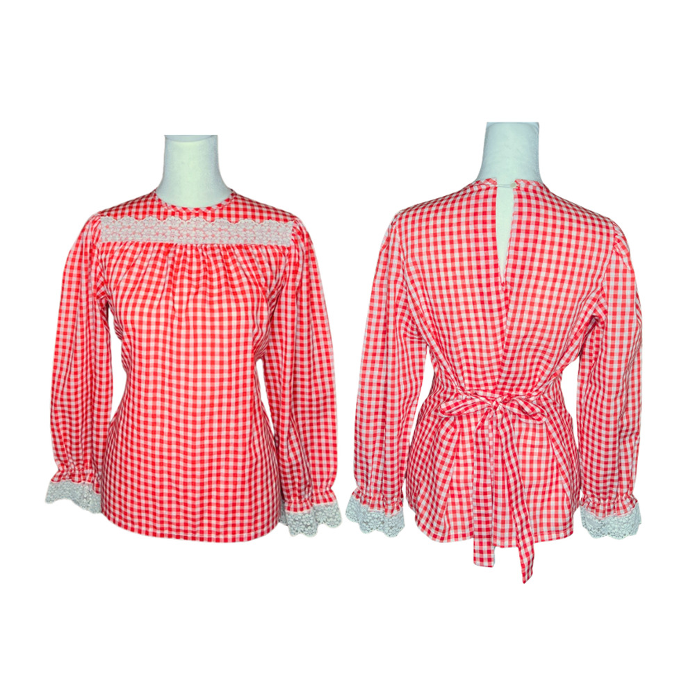 Vtg 60s Red Gingham Blouse Lace Tie Back Cottagecore Prairie Farmhouse Kitschy
